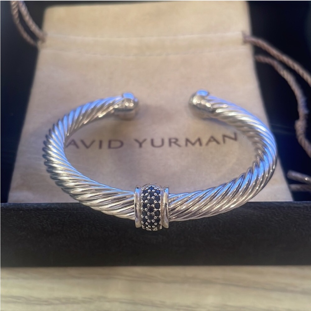David Yurman Cable Cuff Bracelet in Sterling Silver with Black Pavé Accent  7mm